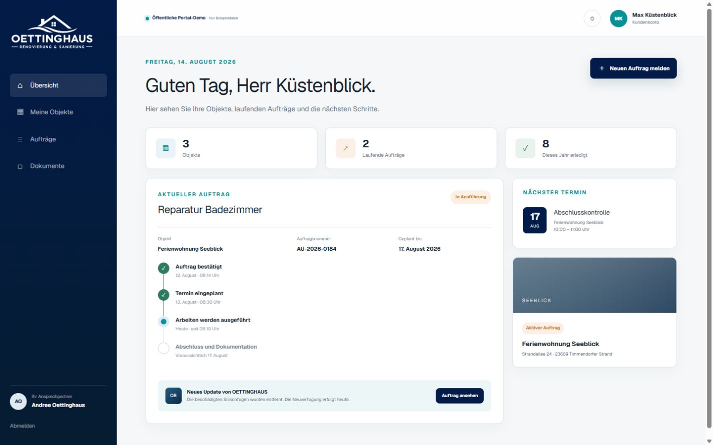 Übersicht der öffentlichen OETTINGHAUS Portal-Demo mit Objekten, Aufträgen und Terminen